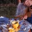 Pour chocolate cake in an orange to make a simple outdoor treat.