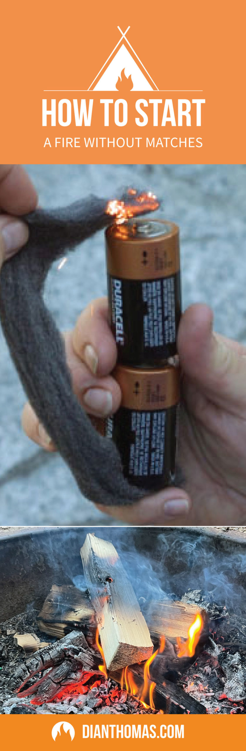 Starting a camp fire doesn't have to be difficult! Ignite your camp fire with the batteries from your flash light and some fine grade steel wool!